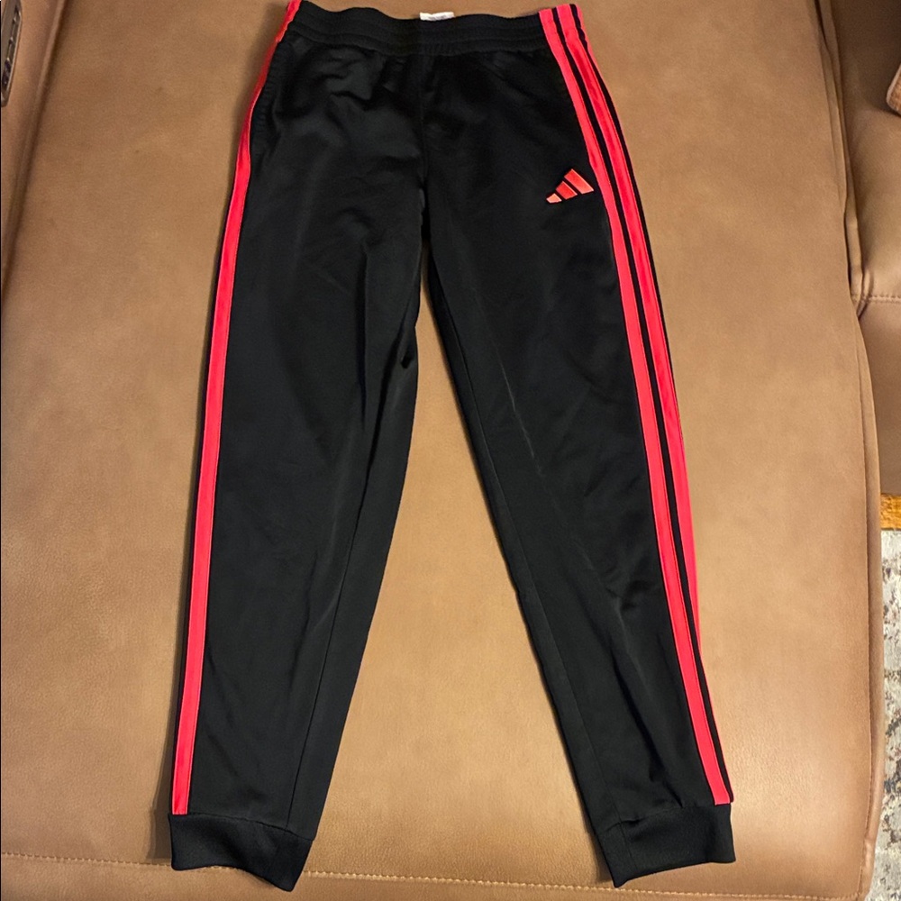 adidas Kids Black Joggers with Red Side Stripes